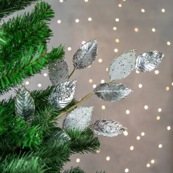 Northlight 28" Platinum Silver and Icy Glitter Leaves Christmas Spray {3}