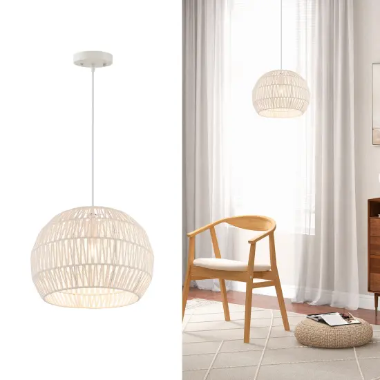 Round Farmhouse Rattan Pendant Lights with Adjustable Hanging Rope {4}