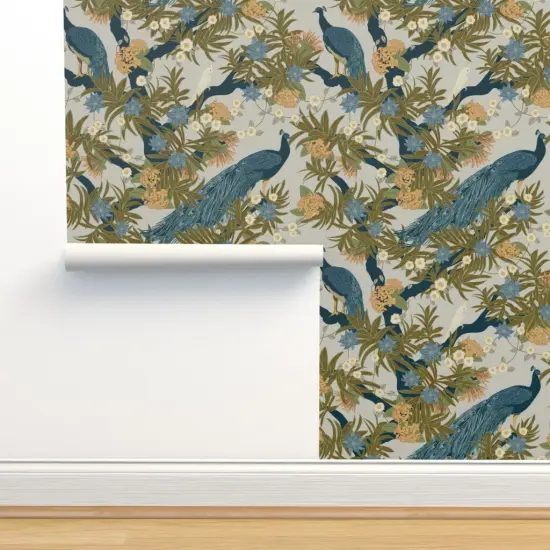 Pre-Pasted Wallpaper 2FT Wide Exotic Peacock Floral Cockatiel Tropical Botanical Tree Maximalist Large Scale Birds Custom Pre-pasted Wallpaper by Spoonflower {2}