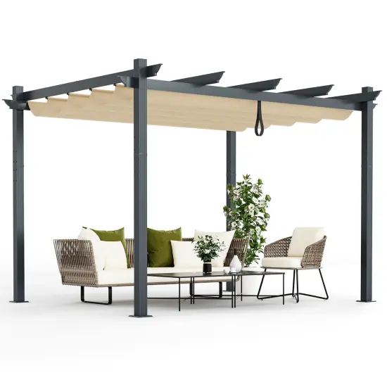 Costway 10x12ft Outdoor Aluminum Retractable Pergola Canopy Shelter Grape Trellis Beige/Gray {1}