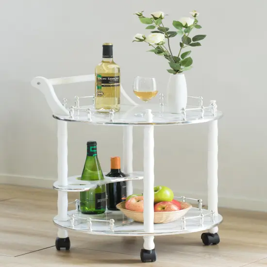 Round Wood Serving Bar Cart Tea Trolley with 2 Tier Shelves and Rolling Wheels White {10}
