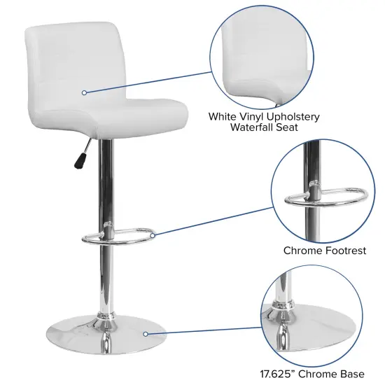 Emma and Oliver 2 Pack Contemporary Vinyl Adjustable Height Barstool with Rolled Seat and Chrome Base White {2}
