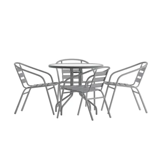 Emma and Oliver Rhea 31.5'' Round Glass Top Metal Table with 4 Aluminum Slat Stack Chairs Silver {1}