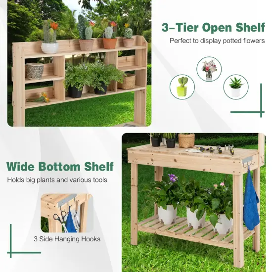 Costway Potting Bench Table Wooden Garden Work Bench Platform with Display Rack Hidden Sink {6}
