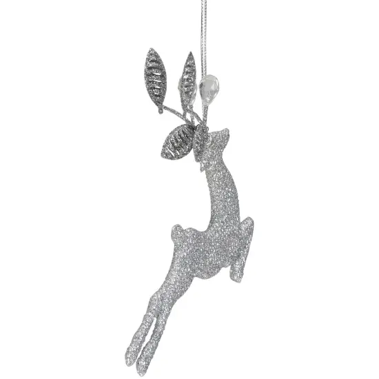Northlight Leaping Glitter Drenched Reindeer with Faux Gem Christmas Ornament - 5.5" - Silver {5}