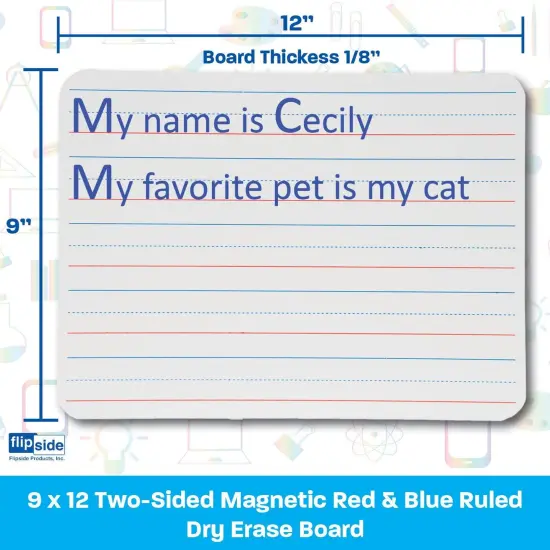 Magnetic Dry Erase Board, Two-Sided Ruled/Blank, 9" x 12", Pack of 3 {4}