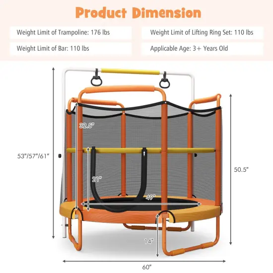 5 Feet Kids 3-in-1 Game Trampoline with Enclosure Net Spring Pad Orange {4}