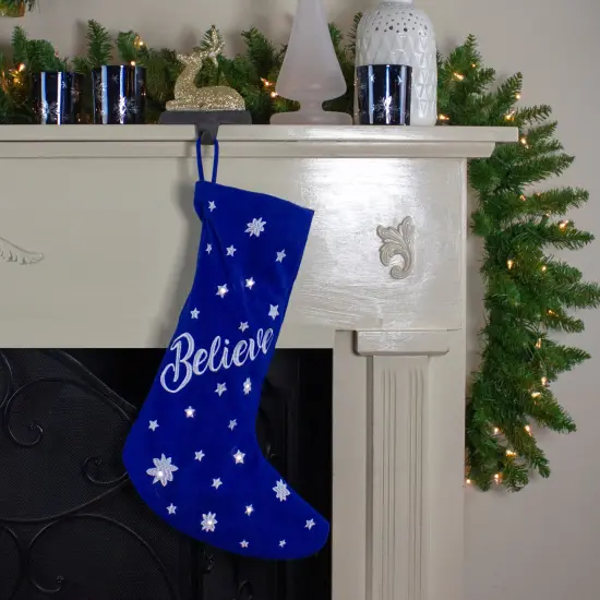 Northlight 18" LED Blue Stocking "Believe" with White Snowflakes {3}