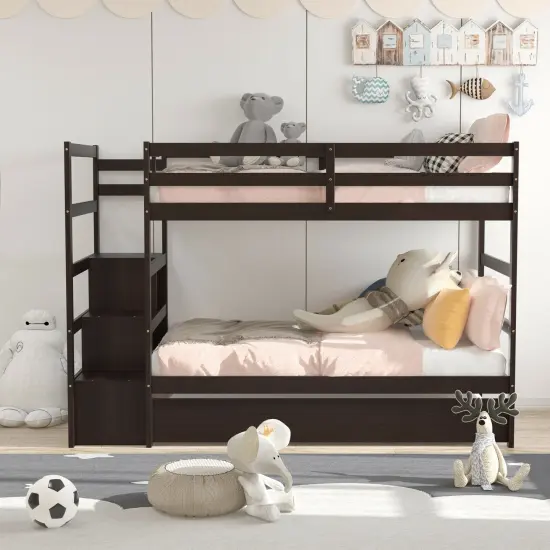 Twin Over Twin Bunk Bed with 3-Step Staircase and Storage Shelf Dark Brown {6}