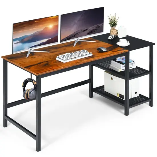 59 Inch Home Office Computer Desk with Removable Storage Shelves and Charging Station Black {8}