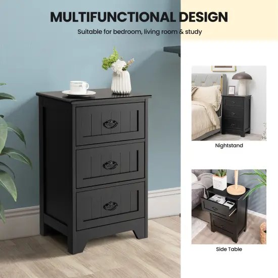 3 Drawers End Storage Wood Side Nightstand Black {5}