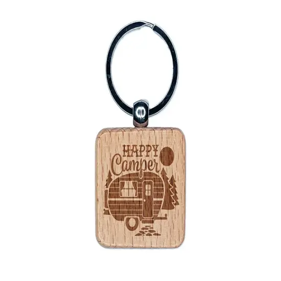 Happy Camper Trailer Camping Engraved Wood Square Keychain Tag Charm {1}