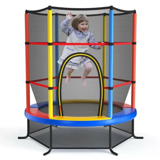 55 Inch Kids Recreational Trampoline Bouncing Jumping Mat with Enclosure Net Yellow {4}