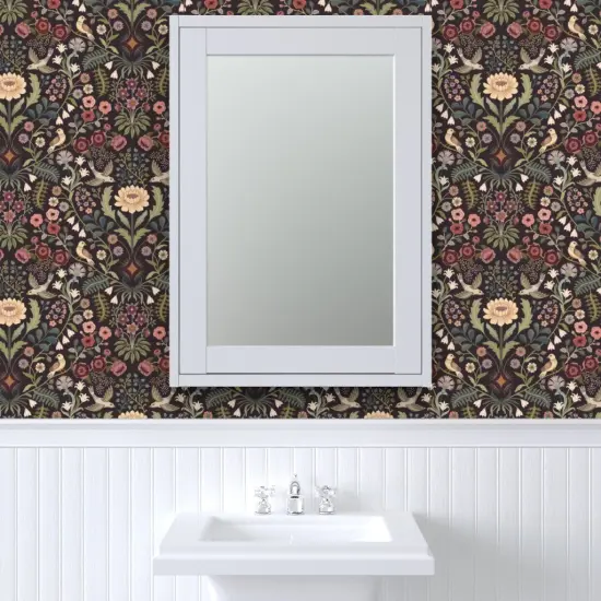 Pre-Pasted Wallpaper 2FT Wide Traditional Floral Folk Art Birds Victorian Green Pinks Burgundy Extra Large Custom Pre-pasted Wallpaper by Spoonflower {6}