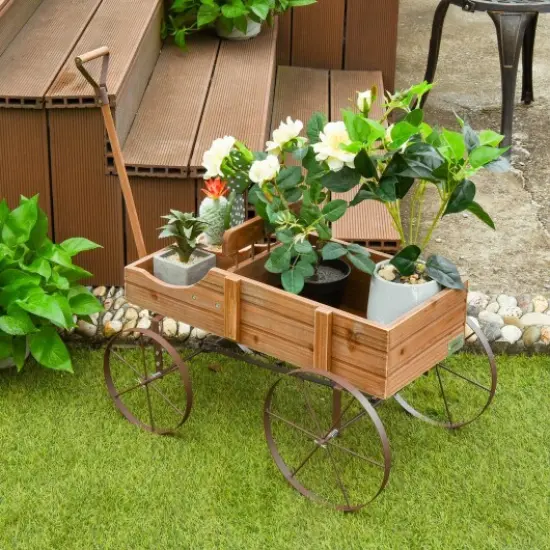Rustic Wooden Wagon Planter with Metal Wheels Small Garden Cart for Flowers Outdoor Decor Brown {1}