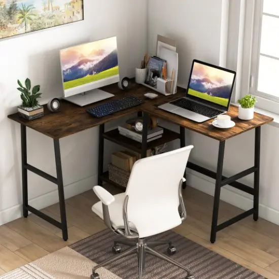 L Shaped Corner Computer Desk with Storage Shelves and Heavy Duty Metal Frame Brown {1}