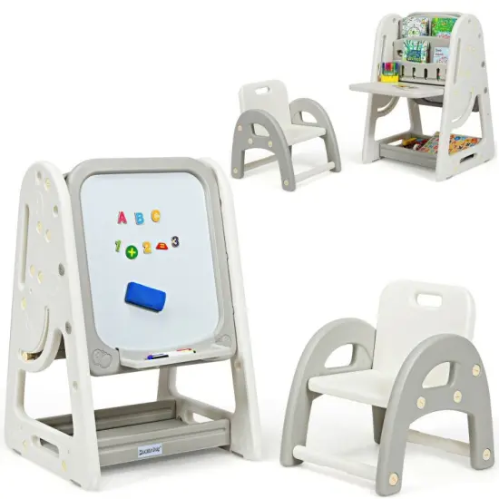 2-in-1 Kids Easel Desk Chair Set Book Rack Adjustable Art Painting Board Blue {8}