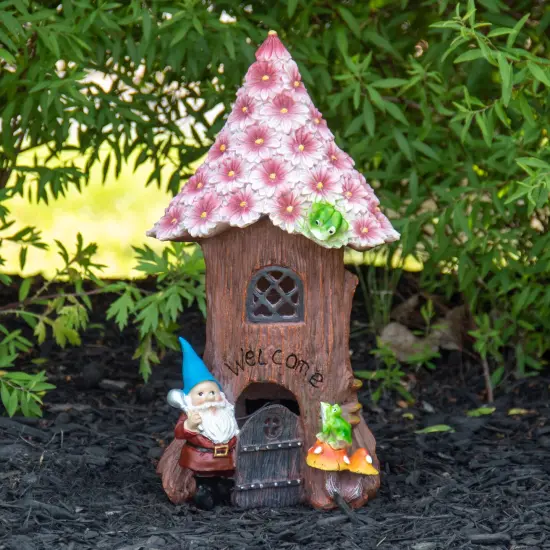 Northlight 14" Solar Lighted Bless Our Home Gnome Tree House Outdoor Garden Statue Brown {3}
