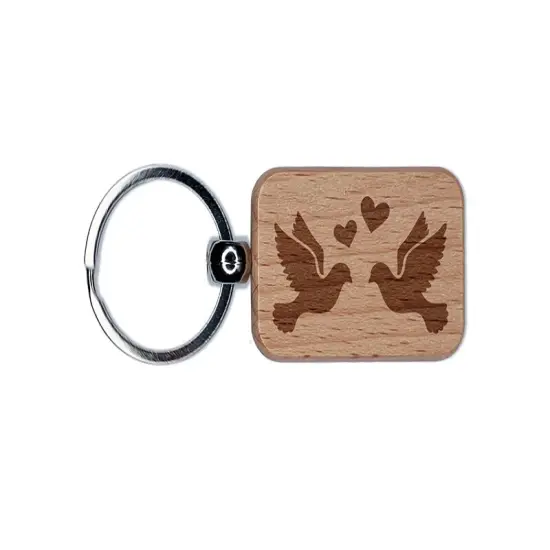 Two Love Doves Wedding Hearts Birds Engraved Wood Rectangle Keychain Tag Charm {1}