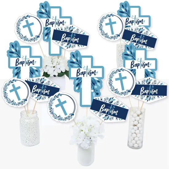 Big Dot of Happiness Baptism Blue Elegant Cross - Boy Religious Party Centerpiece Sticks - Table Toppers - Set of 15 {3}