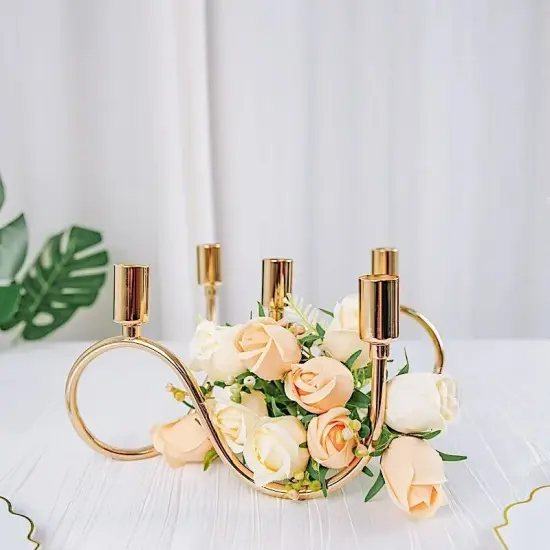 9" x 6" GOLD Metal 5 Arm Candelabra Taper CANDLE HOLDER {2}