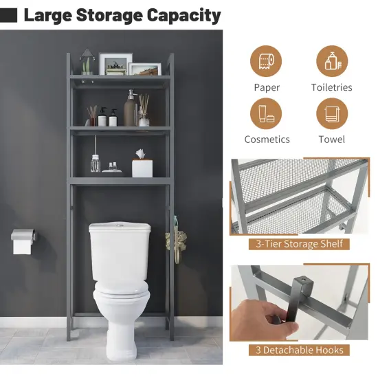 Costway Over-The-Toilet Storage Shelf Space Saving Metal Bathroom Organizer Hooks Grey/White/Brown {5}