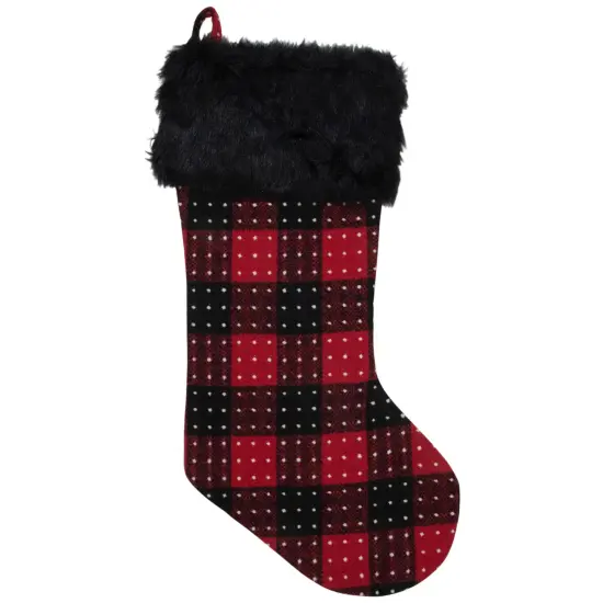 Northlight 21.5" Red and Black Plaid with Dots and Faux Fur Cuff Christmas Stocking {1}