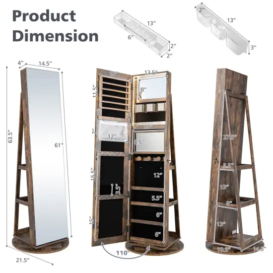 360 Degree Full Length Mirror Jewelry Armoire Cabinet with 3-Color LED Lights and Lockable Door Brown {4}