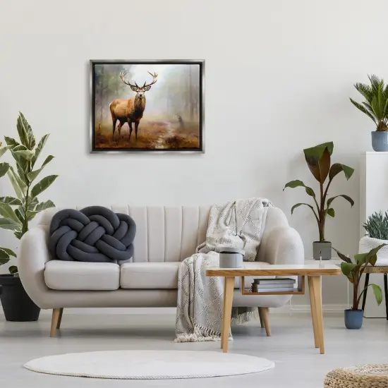 Stupell Industries Deer Woodland Trees Framed Floater Canvas Wall Art Gray Floater Frame {2}