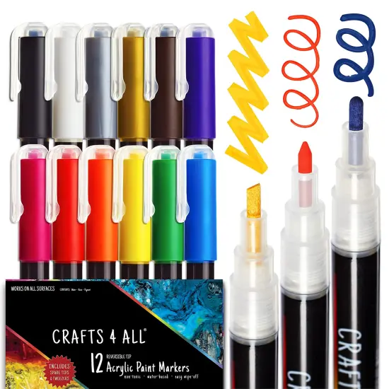 Crafts 4 All Acrylic Paint Markers Set - 12, Fine-Tip Acrylic Paint Pens for Rock Painting, Glass, Wood, Canvas and Fabric - Non-Toxic, Permanent Acrylic Markers for Pumpkin Painting Kit {1}