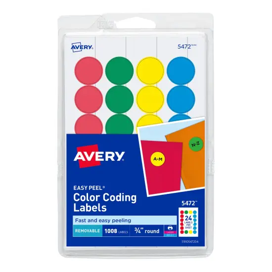Avery Printable Color-Coding Labels, Removable Adhesive, 3/4" Round, Assorted, 1,008 Labels (5472) {1}