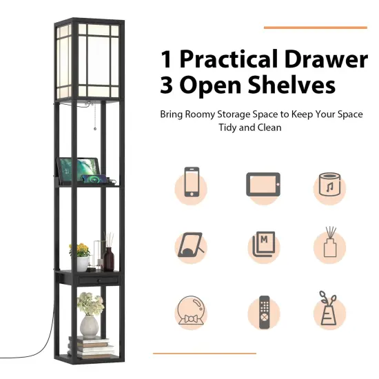 Modern Floor Lamp with 3 Open Shelves and 1 Practical Drawer {6}