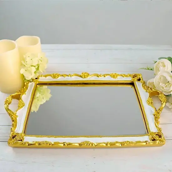 15"x10" Metallic WHITE GOLD Rectangular Mirror SERVING TRAY {3}