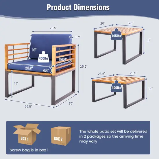 5 Piece Patio Acacia Wood Chair Set with Ottomans and Coffee Table-Navy {5}