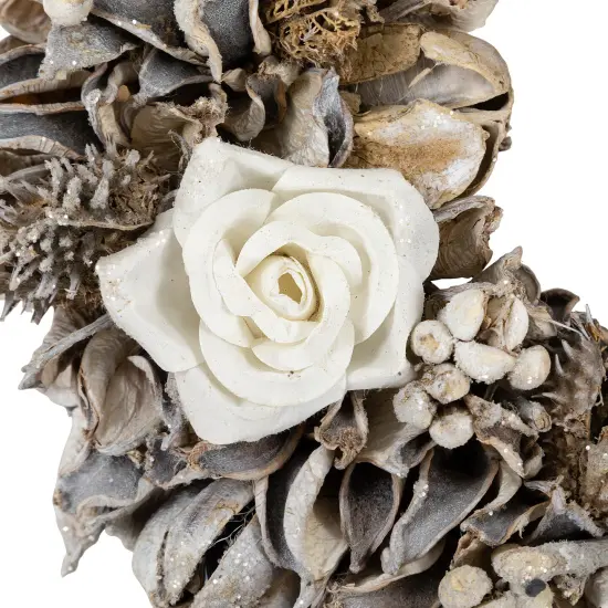 Northlight Glittered White Roses Winter Botanicals Artificial Christmas Wreath - 9.5" - Unlit Brown {6}