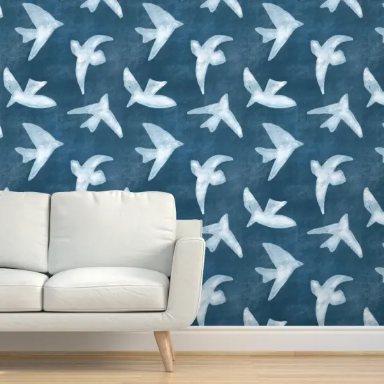 Pre-Pasted Wallpaper 2FT Wide Blue Birds Indigo Shibori Style Seagull Coastal Ocean Bird Custom Pre-pasted Wallpaper by Spoonflower {5}