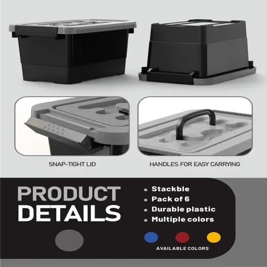 WYT Plastic Storage Bins with Lids and Latch, 6-Pack Small Stackable Plastic Organizing Box with Buckle and Handle, 3.5 Quart Durable Nestable Totes Containers (Black/Grey) {6}