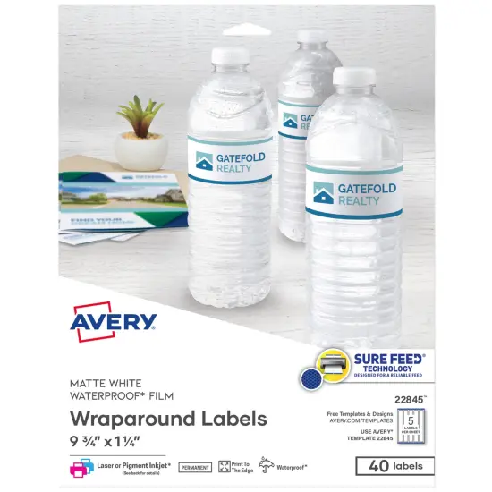 Avery Durable Waterproof Wraparound Rectangle Labels with Sure Feed Technology, 1-1/4" x 9-3/4", Matte White, 40 Customizable Labels for Laser and Pigment-Inkjet Printers (22845) {1}