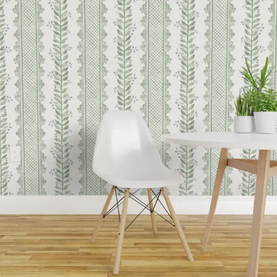 Peel & Stick Wallpaper 2FT Wide Sage Green Stripe Botanical Watercolor Garden Grandmillenial Custom Removable Wallpaper by Spoonflower {1}