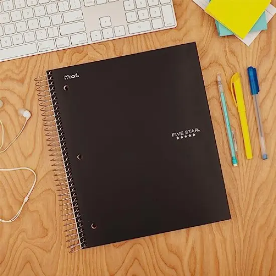 Spiral Notebook 5-Subject Wide Ruled Paper Fights Ink Bleed Water-Resistant Cover 8" x 10-1/2" 200 Sheets Black {6}