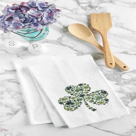 St. Patrick's Day Irish Shamrocks Embroidered Waffle Weave Kitchen Dishtowel {3}