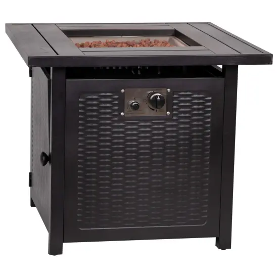 Emma and Oliver Calder 50,000 BTU Propane Fire Table with Wicker Motif Steel Base and Steel Tabletop with Included Lid, Lava Rocks, and Tank Holder Black {1}
