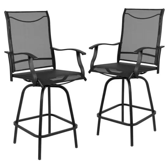Merrick Lane Set of 2 Brett High Back Bar Height Swivel Patio Stools with Powder Coated Metal Frames and Textilene Upholstery Black {1}