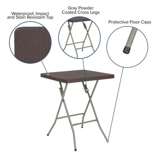 Emma and Oliver 1.95-Foot Square Rattan Plastic Folding Table Brown {2}