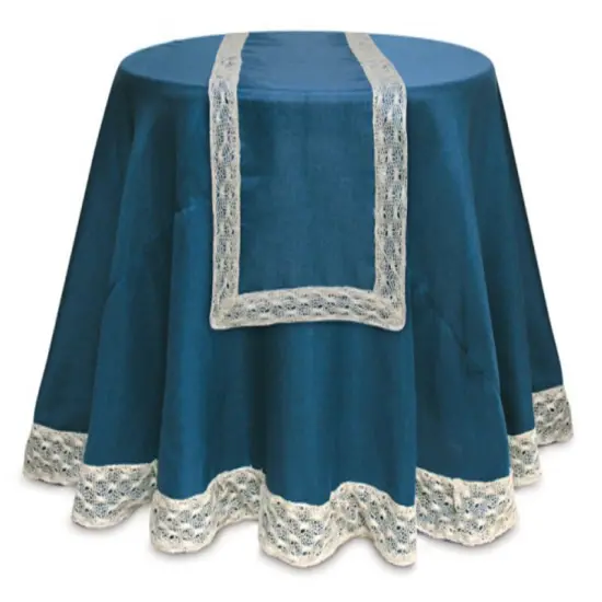Melrose Opulent Blue and Cream Christmas Table Runner with Crocheted Edge 70 {1}