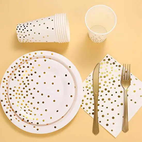 150 Pcs White and Gold Party Supplies Golden Dot Disposable Party Dinnerware Includes Paper Plates, Napkins, Knives, Forks, 12oz Cups, Banner, for Bridal Shower, Engagement, Wedding, Serves 25 {2}