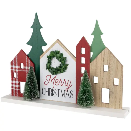 Northlight Wooden "Merry Christmas" Houses with Trees Decoration - 15" - Red and Green {4}