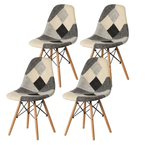 Modern Black and White Patchwork Fabric Chair with Wooden Legs for Kitchen, Dining Room, Entryway, Living Room {1}