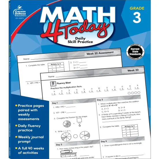 Carson Dellosa Math 4 Today 3rd Grade Workbook, Multiplication, Division, Fractions, Telling Time, Money, and More, Classroom or Homeschool Curriculum {1}