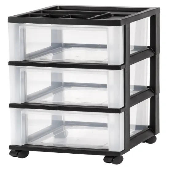 IRIS USA Medium 3 Drawer Cart with Organizer Top, Black {1}
